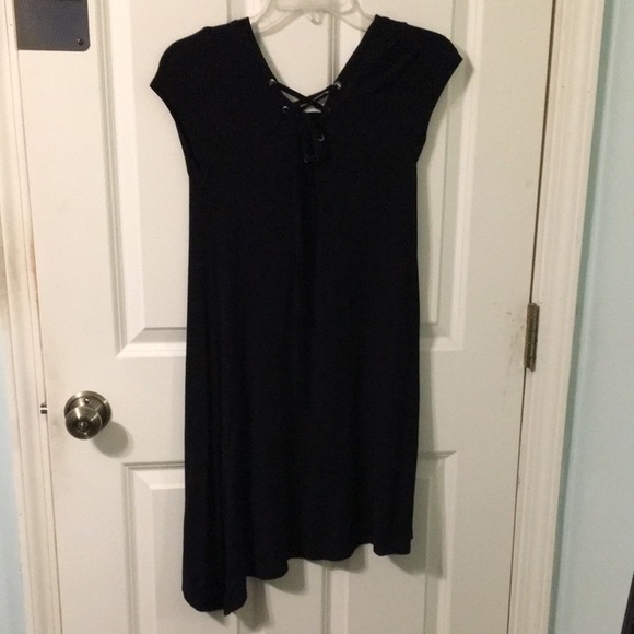Super Soft Black Stretchy Jersey Dress Lace Up Medium - Picture 3 of 8